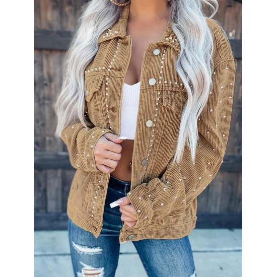 Women's Streetwear Rivet Design Corduroy Solid Color Shacket Jacket Women's Streetwear Rivet Design Corduroy Solid Color Shacket Jacket