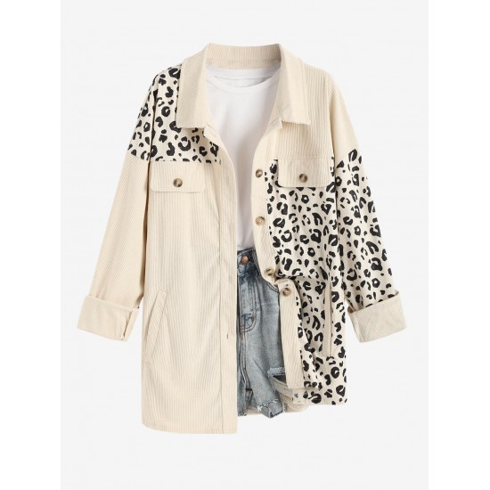 Women's Animal Leopard Corduroy Flap Detail Single Breasted Tunic Long Shirt Jacket Shacket Women's Animal Leopard Corduroy Flap Detail Single Breasted Tunic Long Shirt Jacket Shacket