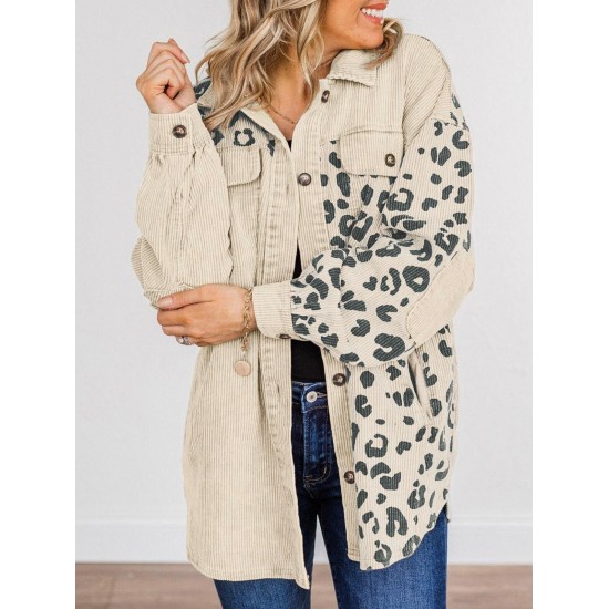 Women's Animal Leopard Corduroy Flap Detail Single Breasted Tunic Long Shirt Jacket Shacket Women's Animal Leopard Corduroy Flap Detail Single Breasted Tunic Long Shirt Jacket Shacket