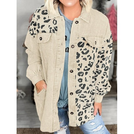 Women's Animal Leopard Corduroy Flap Detail Single Breasted Tunic Long Shirt Jacket Shacket Women's Animal Leopard Corduroy Flap Detail Single Breasted Tunic Long Shirt Jacket Shacket