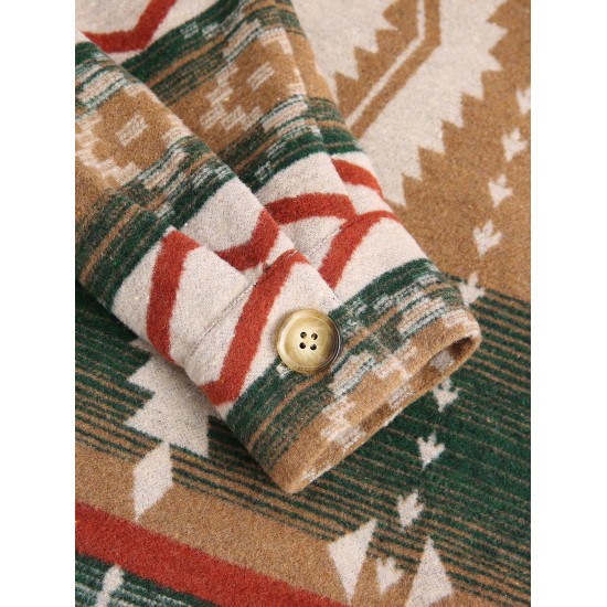 Women's Long Sleeve Ethnic Style Aztec Geo Tribal Printed Flap Detail Button Up Wool Blend Shirt Jacket Shacket Women's Long Sleeve Ethnic Style Aztec Geo Tribal Printed Flap Detail Button Up Wool Blend Shirt Jacket Shacket