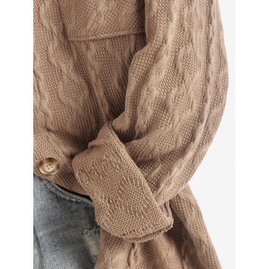 Women's Daily Cable Knit Drop Shoulder Button Up Pocket High Low Longline Shacket Women's Daily Cable Knit Drop Shoulder Button Up Pocket High Low Longline Shacket