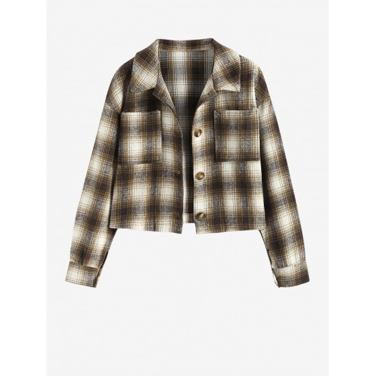 Women's Turn Down Collar Pocket Design Plaid Print Single-breasted Woolen Crop Jacket Women's Turn Down Collar Pocket Design Plaid Print Single-breasted Woolen Crop Jacket