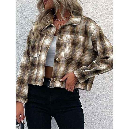 Women's Turn Down Collar Pocket Design Plaid Print Single-breasted Woolen Crop Jacket Women's Turn Down Collar Pocket Design Plaid Print Single-breasted Woolen Crop Jacket