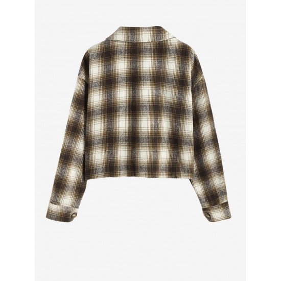Women's Turn Down Collar Pocket Design Plaid Print Single-breasted Woolen Crop Jacket Women's Turn Down Collar Pocket Design Plaid Print Single-breasted Woolen Crop Jacket