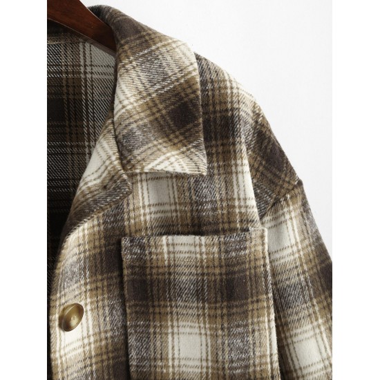 Women's Turn Down Collar Pocket Design Plaid Print Single-breasted Woolen Crop Jacket Women's Turn Down Collar Pocket Design Plaid Print Single-breasted Woolen Crop Jacket
