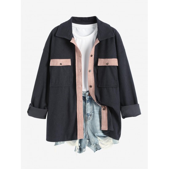 Women's Faux Suede Panel Spliced Textured Cargo Style Pockets Single Breasted Daily Shirt Jacket Shacket Women's Faux Suede Panel Spliced Textured Cargo Style Pockets Single Breasted Daily Shirt Jacket Shacket