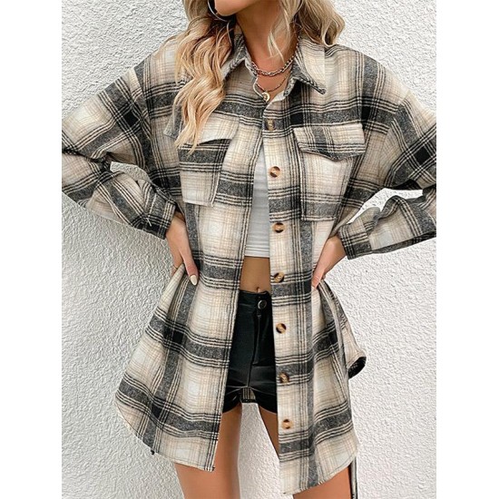 Women's Wool Blend Drop Shoulder Plaid Belted Button Up Pocket Longline Shacket Women's Wool Blend Drop Shoulder Plaid Belted Button Up Pocket Longline Shacket