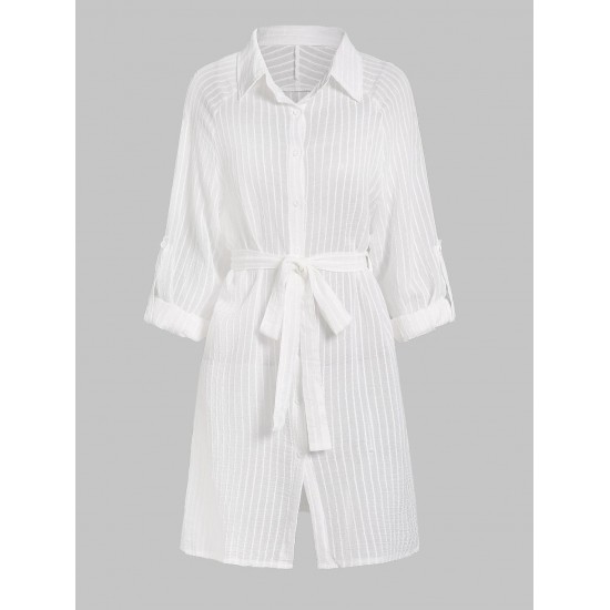 Women's Beach Vacation Bikini Cover Ups Striped Semi-sheer Button Up Raglan Long Roll Tab Sleeve Slit Side Belted Mini Shirt Dress Women's Beach Vacation Bikini Cover Ups Striped Semi-sheer Button Up Raglan Long Roll Tab Sleeve Slit Side Belted Mini Shirt Dress
