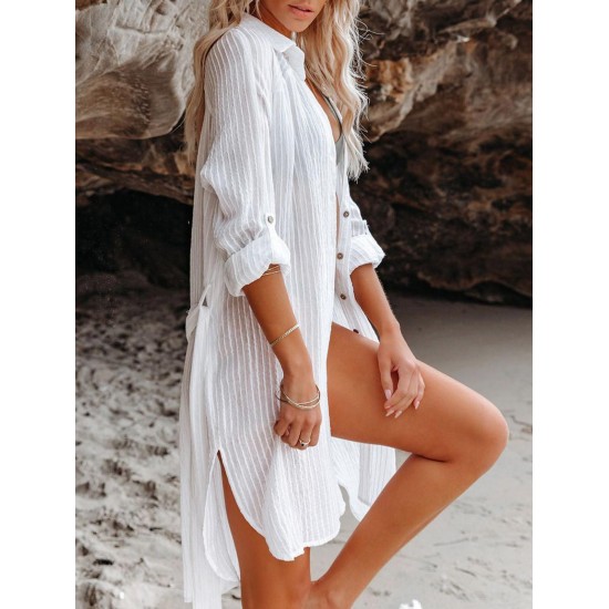 Women's Beach Vacation Bikini Cover Ups Striped Semi-sheer Button Up Raglan Long Roll Tab Sleeve Slit Side Belted Mini Shirt Dress Women's Beach Vacation Bikini Cover Ups Striped Semi-sheer Button Up Raglan Long Roll Tab Sleeve Slit Side Belted Mini Shirt Dress