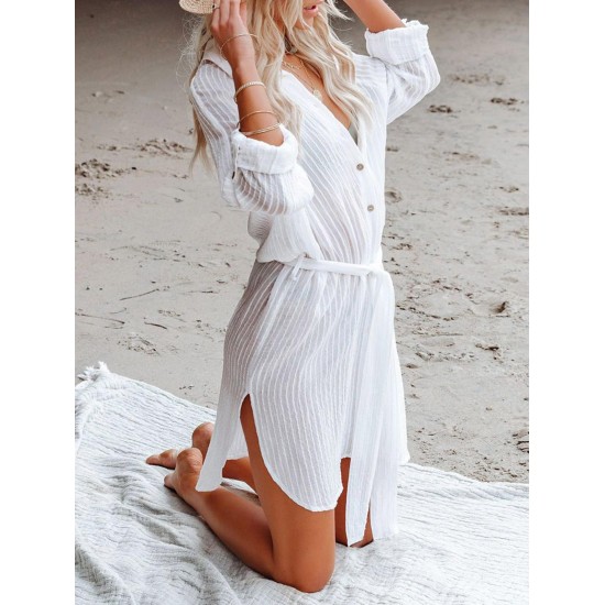 Women's Beach Vacation Bikini Cover Ups Striped Semi-sheer Button Up Raglan Long Roll Tab Sleeve Slit Side Belted Mini Shirt Dress Women's Beach Vacation Bikini Cover Ups Striped Semi-sheer Button Up Raglan Long Roll Tab Sleeve Slit Side Belted Mini Shirt Dress