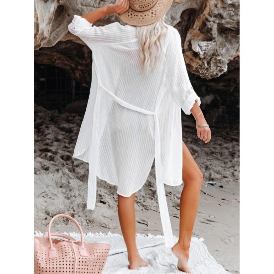 Women's Beach Vacation Bikini Cover Ups Striped Semi-sheer Button Up Raglan Long Roll Tab Sleeve Slit Side Belted Mini Shirt Dress Women's Beach Vacation Bikini Cover Ups Striped Semi-sheer Button Up Raglan Long Roll Tab Sleeve Slit Side Belted Mini Shirt Dress