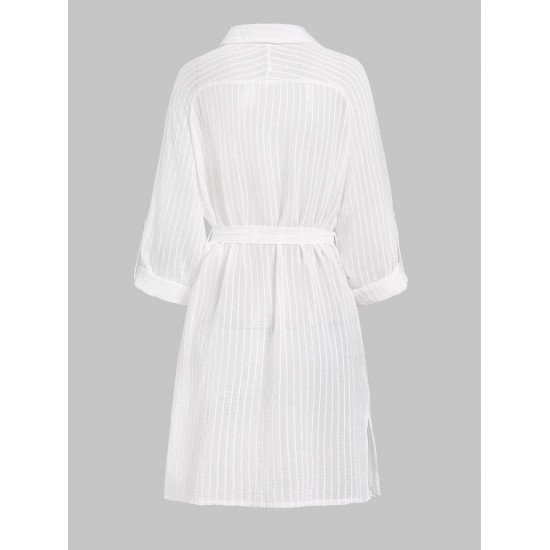 Women's Beach Vacation Bikini Cover Ups Striped Semi-sheer Button Up Raglan Long Roll Tab Sleeve Slit Side Belted Mini Shirt Dress Women's Beach Vacation Bikini Cover Ups Striped Semi-sheer Button Up Raglan Long Roll Tab Sleeve Slit Side Belted Mini Shirt Dress