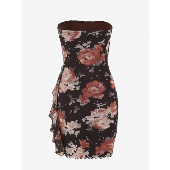 Flower Print Vintage Ruffles Decor Mesh Tube Dress Flower Print Vintage Ruffles Decor Mesh Tube Dress