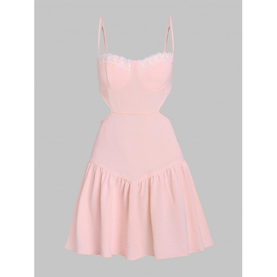 Lace Up Cut Out Crochet Insert Flounce Hem Mini Dress Lace Up Cut Out Crochet Insert Flounce Hem Mini Dress