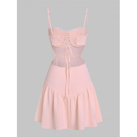 Lace Up Cut Out Crochet Insert Flounce Hem Mini Dress Lace Up Cut Out Crochet Insert Flounce Hem Mini Dress