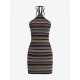 Open Back Halter Colorful Stripes Knit Slinky Mini Dress Open Back Halter Colorful Stripes Knit Slinky Mini Dress