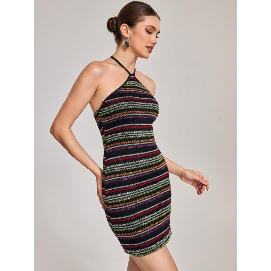 Open Back Halter Colorful Stripes Knit Slinky Mini Dress Open Back Halter Colorful Stripes Knit Slinky Mini Dress