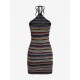 Open Back Halter Colorful Stripes Knit Slinky Mini Dress Open Back Halter Colorful Stripes Knit Slinky Mini Dress