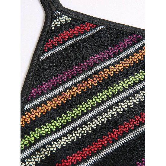Open Back Halter Colorful Stripes Knit Slinky Mini Dress Open Back Halter Colorful Stripes Knit Slinky Mini Dress