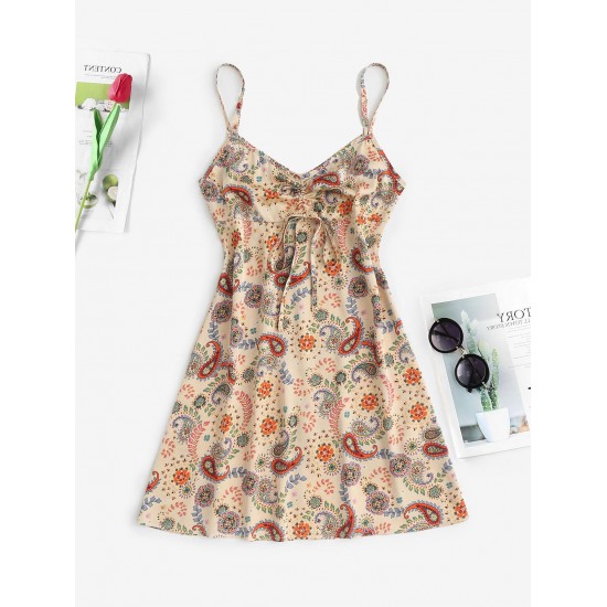 Ethnic Flower Paisley Print Cinched Mini Dress Ethnic Flower Paisley Print Cinched Mini Dress