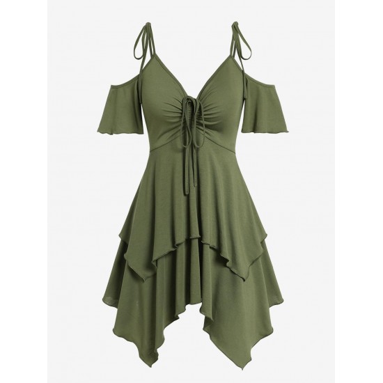 Women's Tie Spaghetti Strap Cold Shoulder Cinched Ruched Empire Waist Layered Handkerchief Dress Women's Tie Spaghetti Strap Cold Shoulder Cinched Ruched Empire Waist Layered Handkerchief Dress