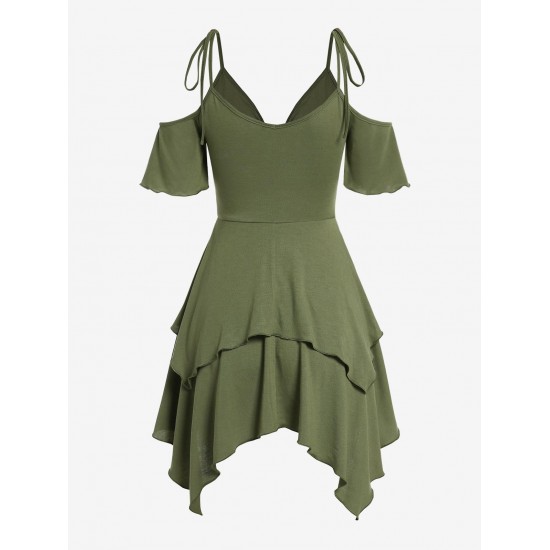 Women's Tie Spaghetti Strap Cold Shoulder Cinched Ruched Empire Waist Layered Handkerchief Dress Women's Tie Spaghetti Strap Cold Shoulder Cinched Ruched Empire Waist Layered Handkerchief Dress
