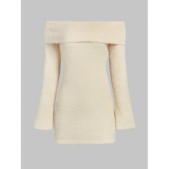 Women's Sexy Party Fuzzy Knitted Foldover Off Shoulder Solid Color Long Sleeve Mini Bodycon Dress Women's Sexy Party Fuzzy Knitted Foldover Off Shoulder Solid Color Long Sleeve Mini Bodycon Dress