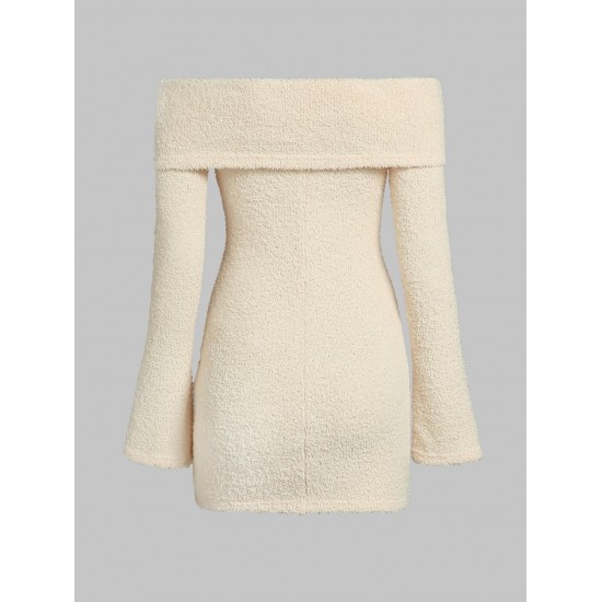 Women's Sexy Party Fuzzy Knitted Foldover Off Shoulder Solid Color Long Sleeve Mini Bodycon Dress Women's Sexy Party Fuzzy Knitted Foldover Off Shoulder Solid Color Long Sleeve Mini Bodycon Dress