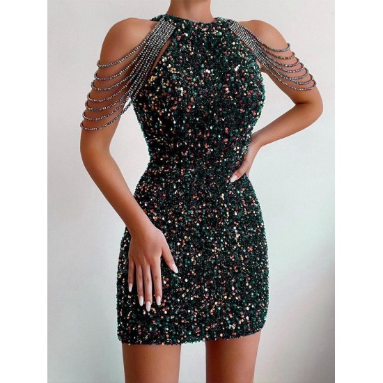 Sequined Chain Beads Bodycon Party Vegas Dress Sequined Chain Beads Bodycon Party Vegas Dress