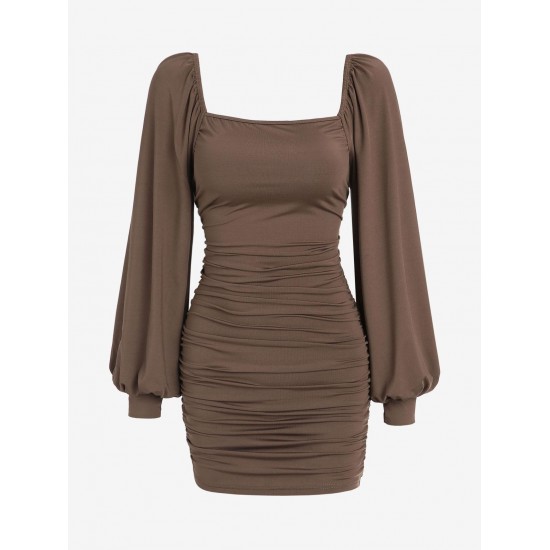 Lantern Sleeve Ruched Square Neck Bodycon Dress Lantern Sleeve Ruched Square Neck Bodycon Dress