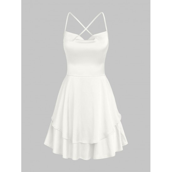 Silky Criss Cross Lace Up Backless Layered Slip Mini Dress Silky Criss Cross Lace Up Backless Layered Slip Mini Dress