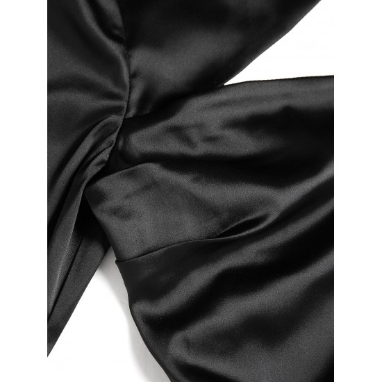 Women's Sexy Party Satin Mock Neck Cut Out Long Flare Sleeve Solid Color Ruched Mini Slinky Dress Women's Sexy Party Satin Mock Neck Cut Out Long Flare Sleeve Solid Color Ruched Mini Slinky Dress