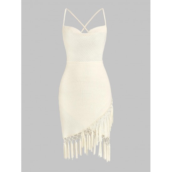 Crochet Semi Sheer Tassel Criss Cross Tulip Hem Vegas Dress Crochet Semi Sheer Tassel Criss Cross Tulip Hem Vegas Dress
