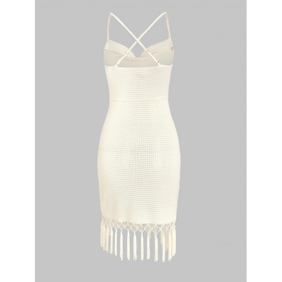 Crochet Semi Sheer Tassel Criss Cross Tulip Hem Vegas Dress Crochet Semi Sheer Tassel Criss Cross Tulip Hem Vegas Dress