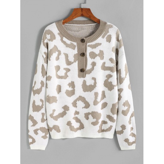 Leopard Drop Shoulder Half Button Jumper Sweater Leopard Drop Shoulder Half Button Jumper Sweater