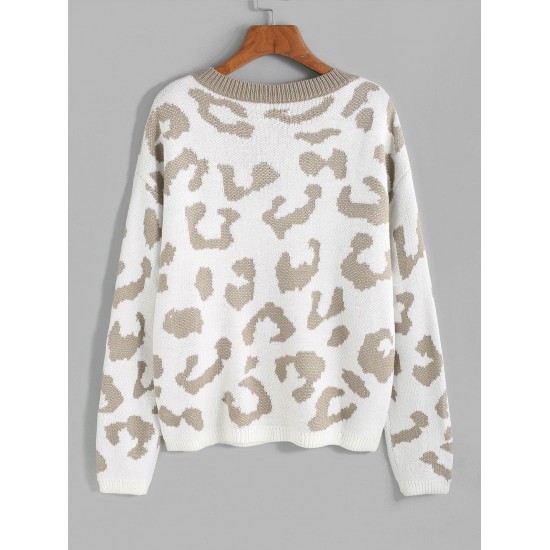 Leopard Drop Shoulder Half Button Jumper Sweater Leopard Drop Shoulder Half Button Jumper Sweater