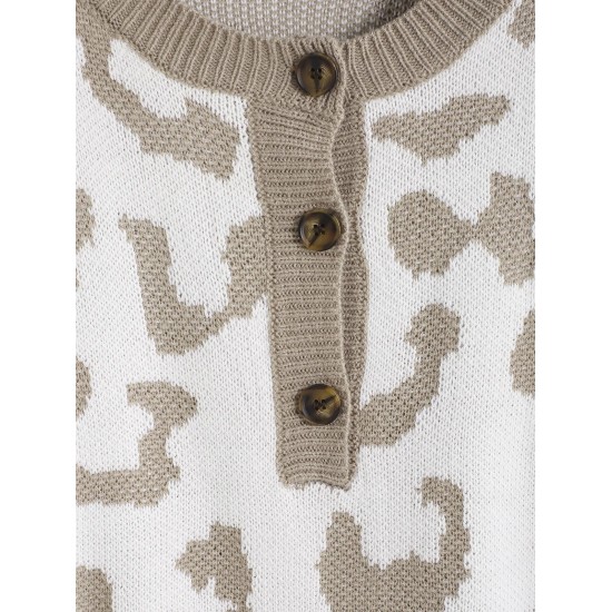 Leopard Drop Shoulder Half Button Jumper Sweater Leopard Drop Shoulder Half Button Jumper Sweater