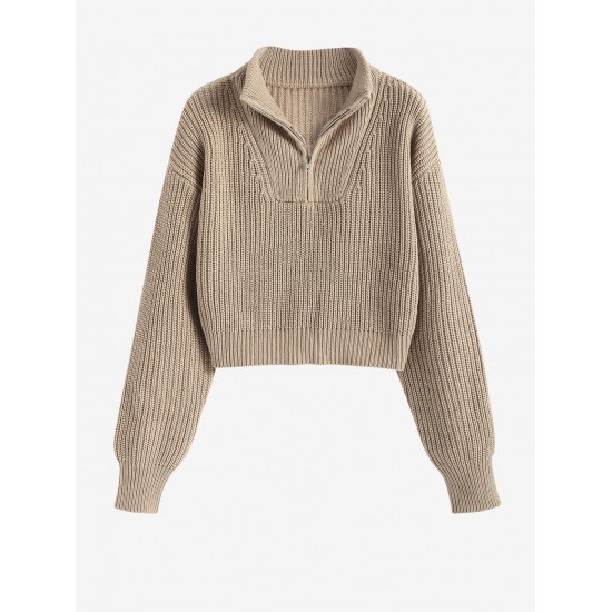 Women's Daily Solid Color Mock Neck Quarter Zip Pollover Short Jumper Sweater Women's Daily Solid Color Mock Neck Quarter Zip Pollover Short Jumper Sweater