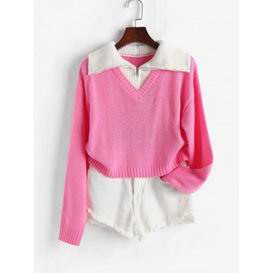 Quarter Zip Colorblock Cropped Sweater Quarter Zip Colorblock Cropped Sweater
