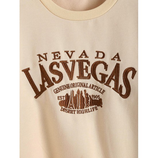 Rib-trim LAS VEGAS Embroidered Fleece-lined Sweatshirt Rib-trim LAS VEGAS Embroidered Fleece-lined Sweatshirt
