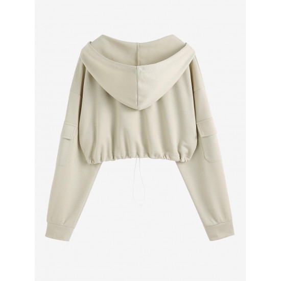 Women's Casual V Neck Pocket Design Drop Shoulder Solid Color Toggle Drawstring Cropped Hoodie Women's Casual V Neck Pocket Design Drop Shoulder Solid Color Toggle Drawstring Cropped Hoodie