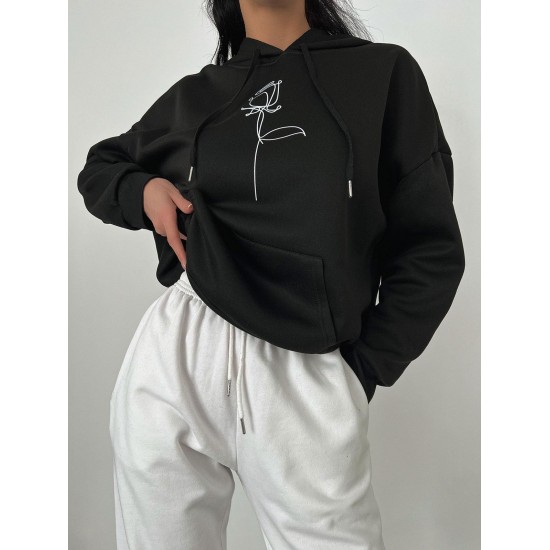 Drop Shoulder Rose Print Thermal Lined Hoodie Drop Shoulder Rose Print Thermal Lined Hoodie