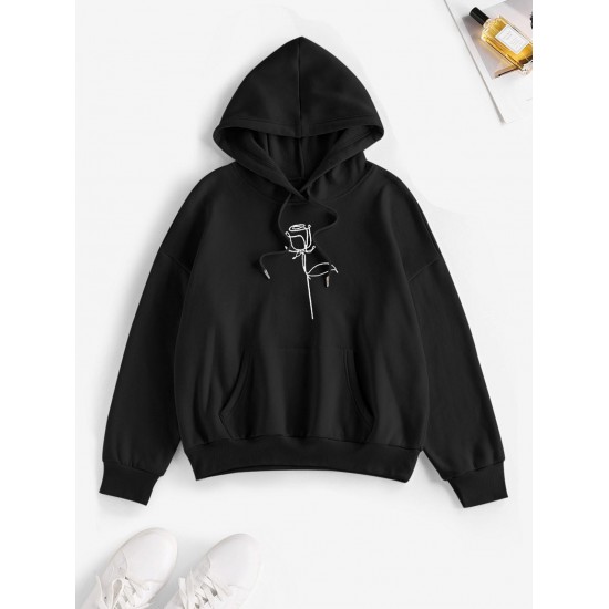Drop Shoulder Rose Print Thermal Lined Hoodie Drop Shoulder Rose Print Thermal Lined Hoodie