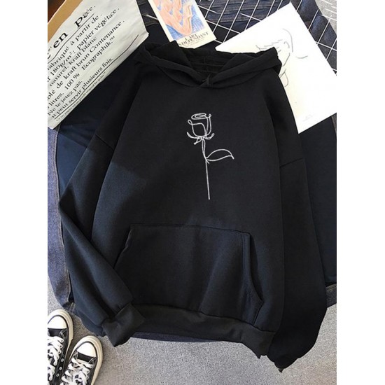 Drop Shoulder Rose Print Thermal Lined Hoodie Drop Shoulder Rose Print Thermal Lined Hoodie