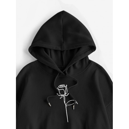 Drop Shoulder Rose Print Thermal Lined Hoodie Drop Shoulder Rose Print Thermal Lined Hoodie