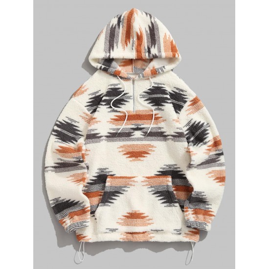 Women's Ethnic Style Aztec Tribal Geo Printed Quarter Zip Drawstring Fluffy Fuzzy Textured Kangaroo Pocket Loose Pullover Hoodie Women's Ethnic Style Aztec Tribal Geo Printed Quarter Zip Drawstring Fluffy Fuzzy Textured Kangaroo Pocket Loose Pullover Hoodie