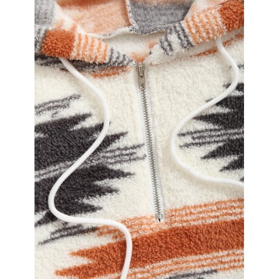 Women's Ethnic Style Aztec Tribal Geo Printed Quarter Zip Drawstring Fluffy Fuzzy Textured Kangaroo Pocket Loose Pullover Hoodie Women's Ethnic Style Aztec Tribal Geo Printed Quarter Zip Drawstring Fluffy Fuzzy Textured Kangaroo Pocket Loose Pullover Hoodie