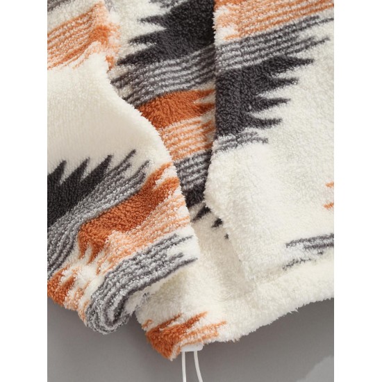 Women's Ethnic Style Aztec Tribal Geo Printed Quarter Zip Drawstring Fluffy Fuzzy Textured Kangaroo Pocket Loose Pullover Hoodie Women's Ethnic Style Aztec Tribal Geo Printed Quarter Zip Drawstring Fluffy Fuzzy Textured Kangaroo Pocket Loose Pullover Hoodie