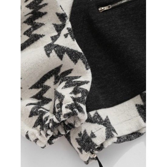 Women's Ethnic Style Tribal Geo Aztec Printed Quarter Zip Raglan Sleeve Front Pocket Wool Blend Loose Pullover Hoodie Women's Ethnic Style Tribal Geo Aztec Printed Quarter Zip Raglan Sleeve Front Pocket Wool Blend Loose Pullover Hoodie